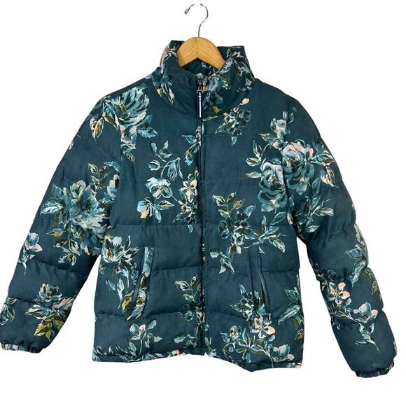 Anthropologie Ett Twa Teal Blue Green Floral Puffer Jacket XS Zip Up - Picture 3 of 14